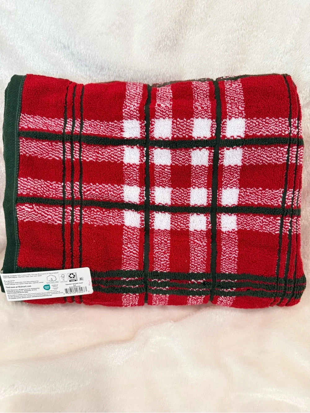 Red & White Plaid Bath Towels with olive green Trim